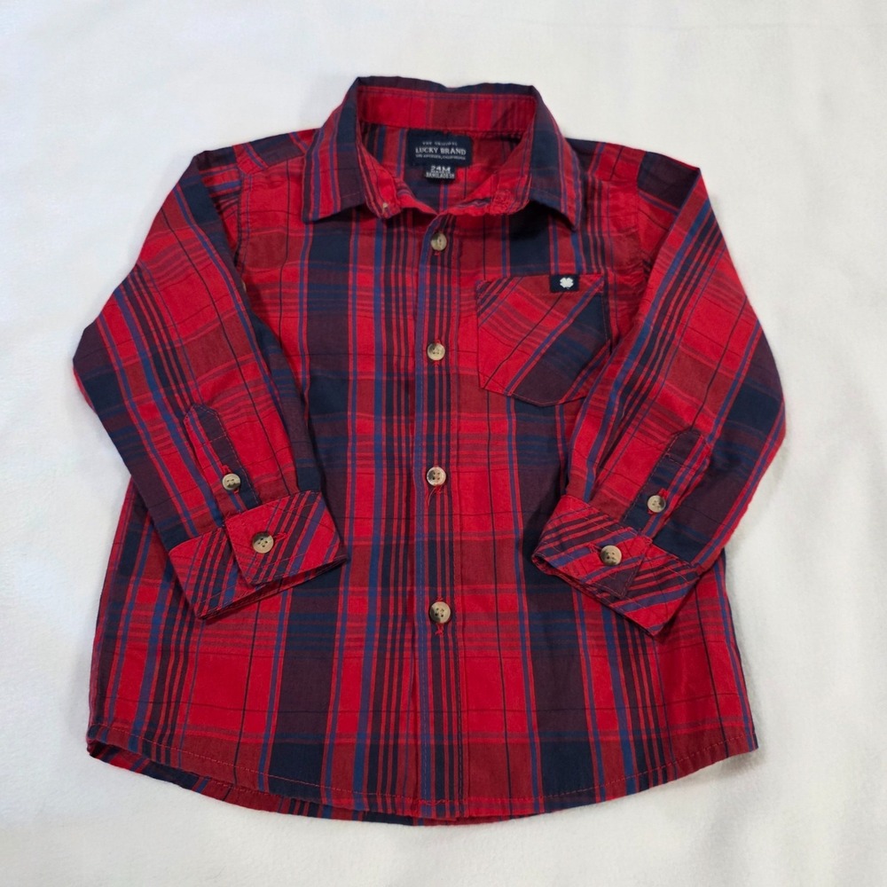 Lucky Brand Button Up Shirt Toddlers Red Blue 24M‎ Plaid Long Sleeve Classic Tee